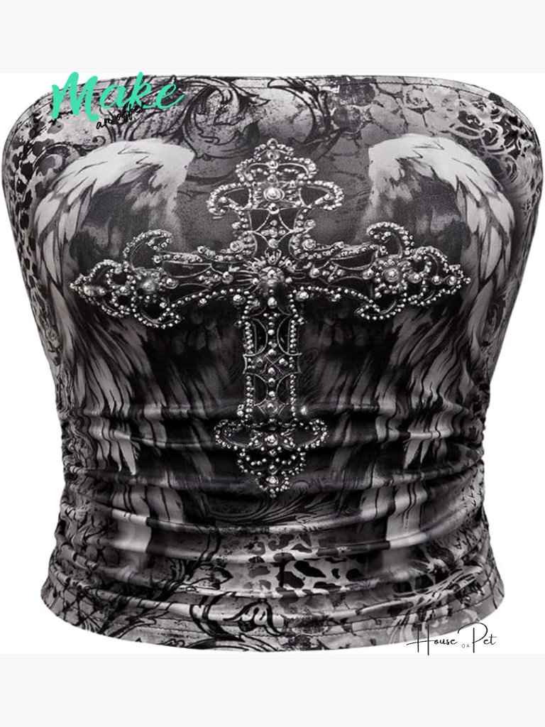 Criss Cross Rhinestone Ruched Strapless Crop Tube Top Polyester Blend